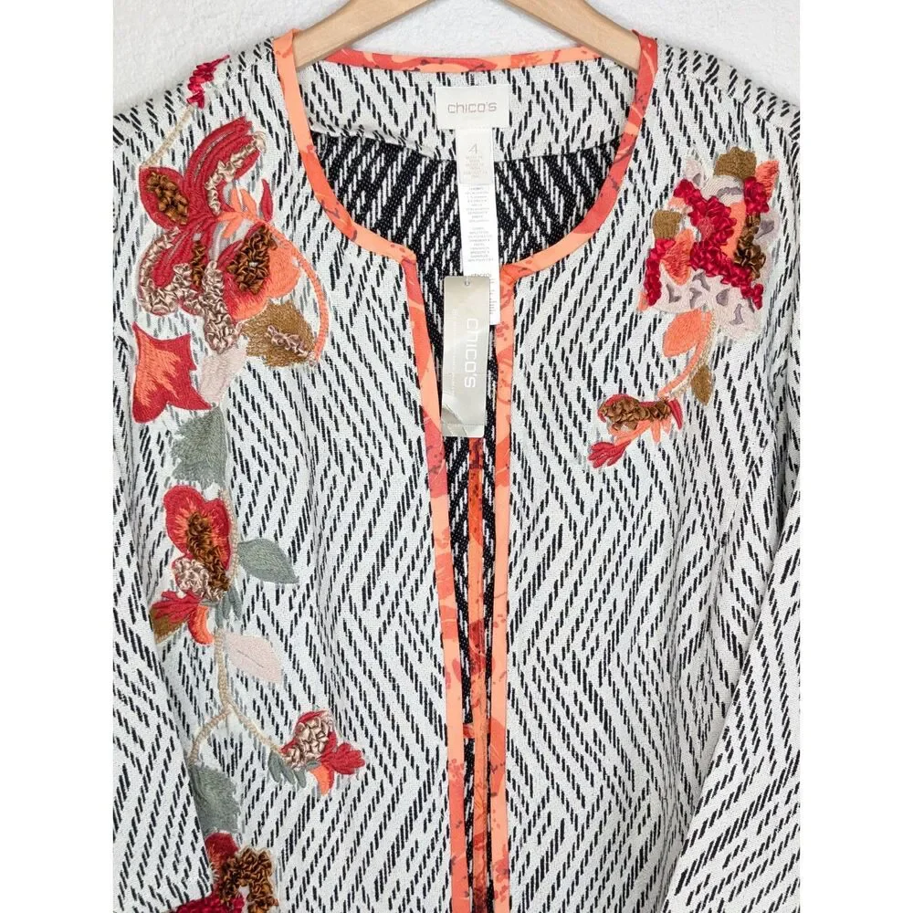 NWT Chico's Open Front Jacket Sz 4 Artisan Applique Embroidered Artsy Unique